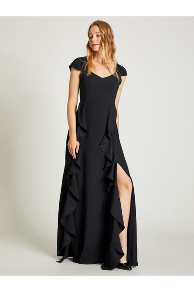 Vekem Women's Black Sleeveless Maxi Dress with Flywheel Detail 9109-0118