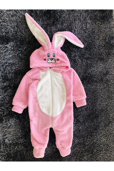 SANTRALBEBE Girl's Pink Rabbit Front Zipper Plush Jumpsuit
