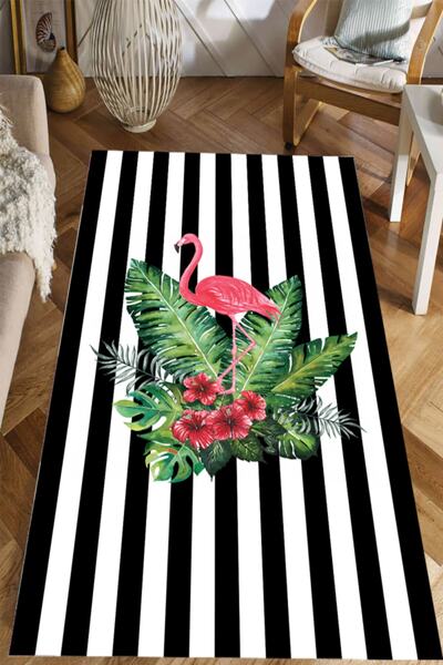 MODANOİVA Düz Çizgili Flamingo Desenli Dijital Baskılı Halı Mrc1514