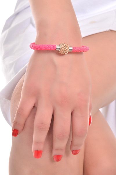 LABALABA Fuchsia Colored Women's Bracelet - Jewelled Steel Closure, Knitted Texture
