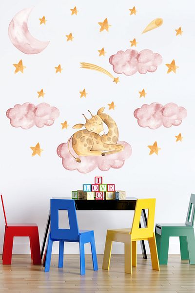 Tilki Dünyası Baby Giraffe Sleeping on a Cloud, Stars and Pink Clouds Kids Room Sticker