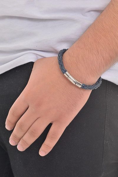 LABALABA MEN'S DARK BLUE KNITTED LEATHER BRACELET