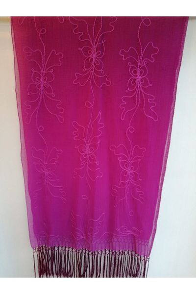 Butik Tülin Fuchsia Authentic Chiffon Wrapped Flower Embroidered Tassel Shawl