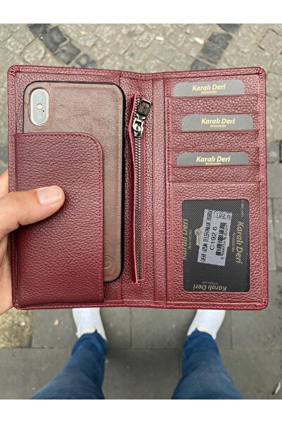 Karalı Deri Karali Deri Telefon Bölmeli Kartlıklı Bordo Hakiki Deri Cüzdan
