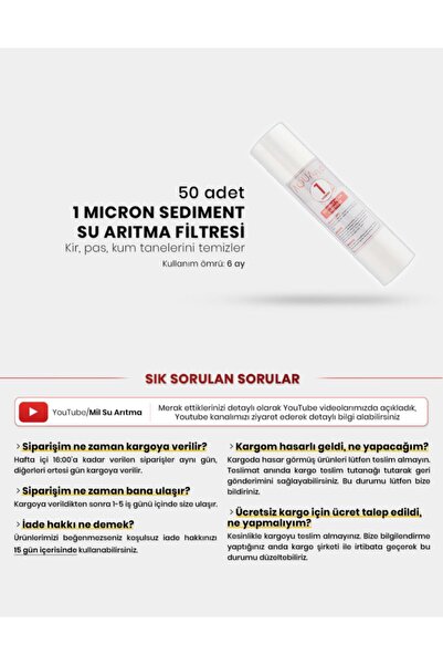 Mil Açık Kasa Su Arıtma Cihazı Için 1 Mikron Sediment Filtre 50 Adet
