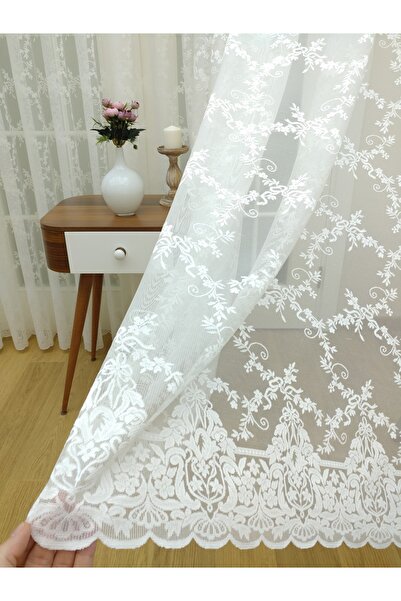 Esse Home Ecru Knitted Flower Patterned Tulle Curtain, 600x260, Thin Pleat, 1/3