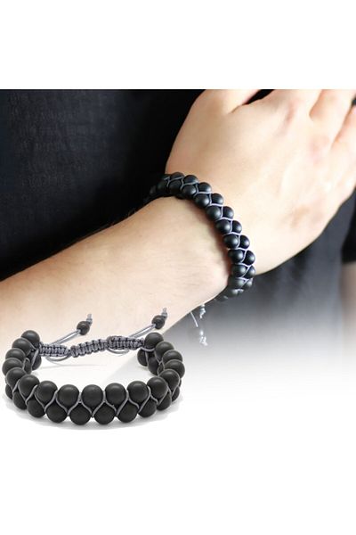 Tesbihane Gray Macrame Braided Sphere Cut Double Row Onyx Natural Stone Bracelet