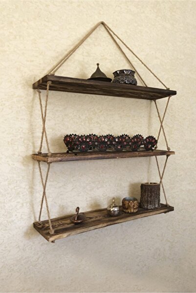 Ankaflex Ahşap Dekoratif Tasarım Özel Işlem 3'lü Halatlı Raf Kitaplık