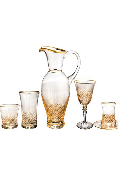 KCD Antique Yellow 31 Piece Glass Tableware Presentation Dowry Set Water Cup Set Cutting Hand Decor