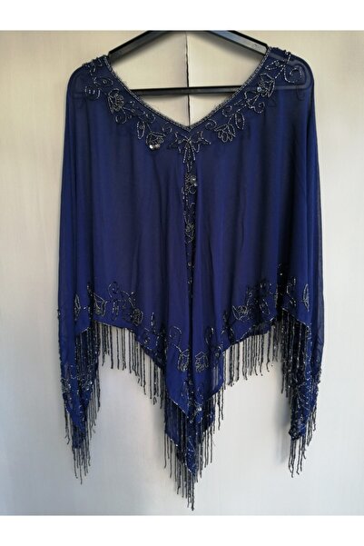 Butik Tülin Otantik Abiye Lacivert Şifon El İşi Boncuk Nakışlı Panço Şal