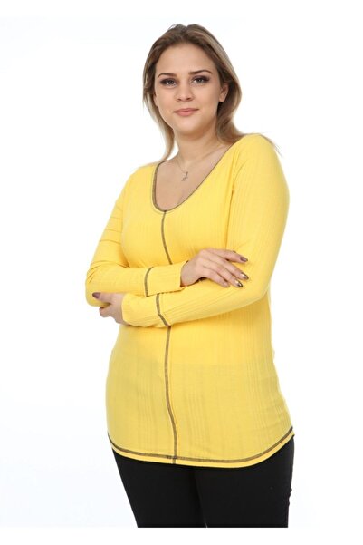 Seamoda Γυναικεία κίτρινη μπλούζα με ραφές με αντίθεση με λαιμόκοψη V