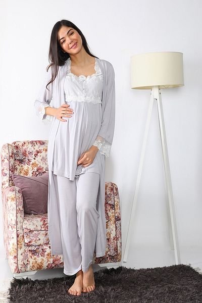 lohusahamile Maternity 2501 Gray Maternity Pajamas Set with Long Dressing Gowns