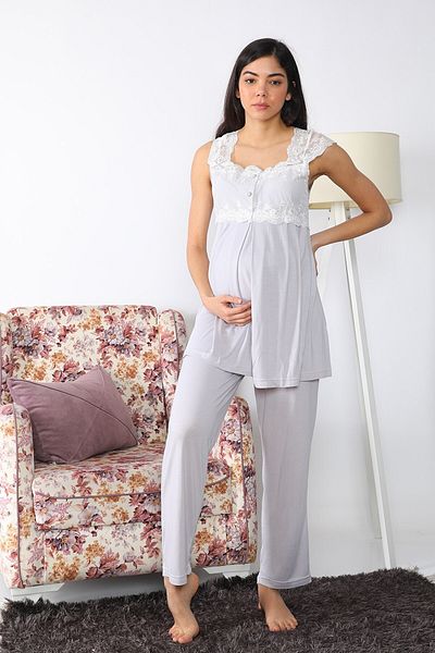 lohusahamile Maternity 2501 Gray Maternity Pajamas Set with Long Dressing Gowns