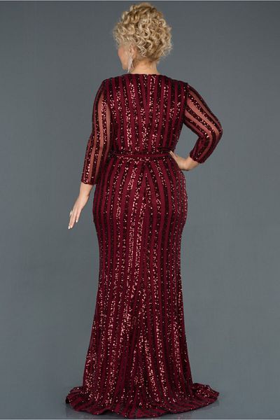 Abiyefon Women's Burgundy Long Leg Low-cut Sequin Sequined Plus Size Evening Dress Abu1043