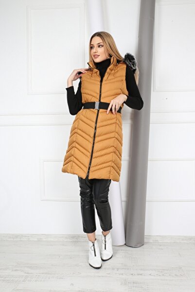 B&T Жіночий довгий надувний жилет з капюшоном з плюшевою підкладкою кольору гірчиці