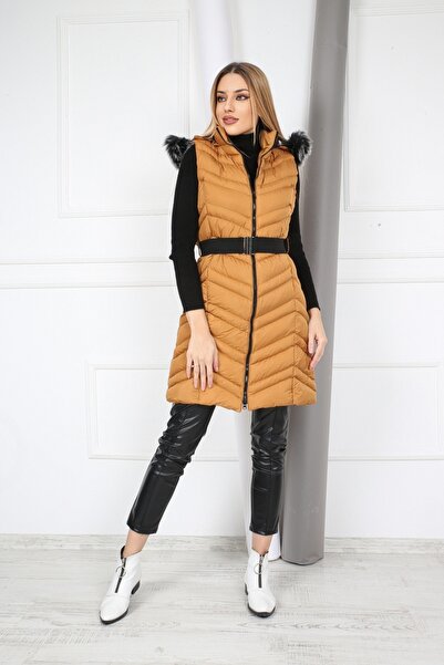 B&T Жіночий довгий надувний жилет з капюшоном з плюшевою підкладкою кольору гірчиці