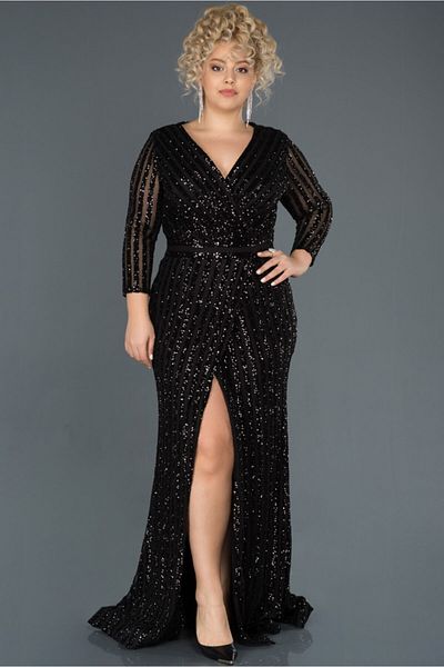 Abiyefon Women's Black Long Leg Low-cut Sequin Sequined Plus Size Evening Dress