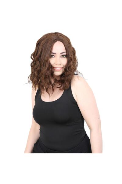 Peruk Market شعر مستعار صناعي قصير مموج من ألياف الكراميل باللون البني بدون ن...