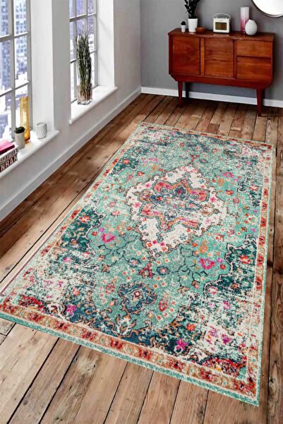 MODANOİVA Turkuaz Eskitme Desenli Dijital Baskılı Halı Mrc2139