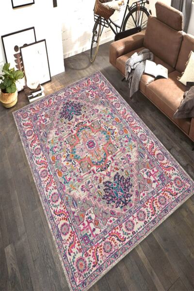 MODANOİVA Mor Motifli Kilim Desenli Dijital Baskılı Halı Mrc2137