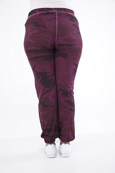 Seamoda Women's Plum Camouflage Pattern Oil Washed Leg Elastic Sweatpants