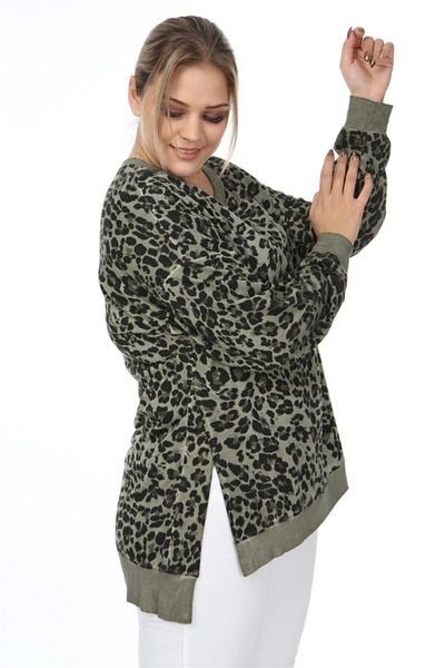 Seamoda Φούτερ Leopard Pattern Fat Wash Plus με σχισμές στα πλαϊνά-Πράσινο.