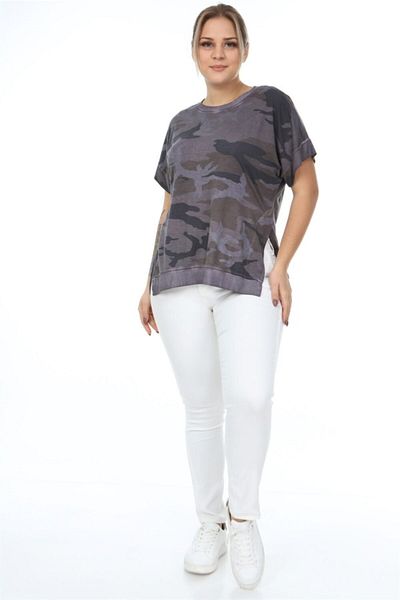 Seamoda Pulover pentru femei, mov, cu model de camuflaj, cu mâneci scurte, spălat cu ulei, cu fante laterale