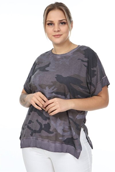 Seamoda Γυναικείο μωβ μοτίβο παραλλαγής με σχισμές στο πλάι κοντομάνικο λαδιό πλύσιμο φούτερ