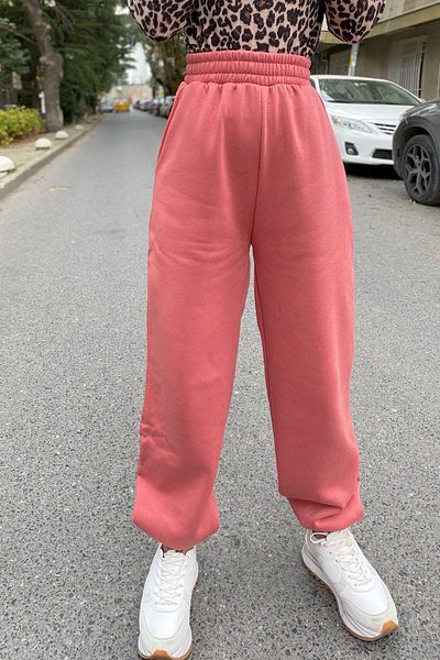 Swist Rosafarbener Damen-Trainingsanzug mit hoher Taille und elastischer Innenseite aus Baumwolle an Handgelenken und Taille, 30009