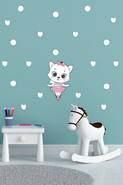 Tilki Dünyası Cute White Ballerina Cat Kids Room Wall Sticker