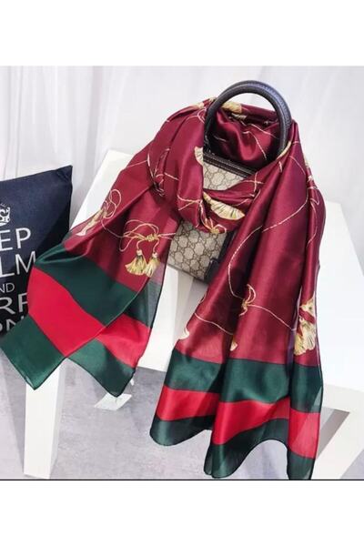 QUEEN AKSESUAR Women's Burgundy Chain Tassel Patterned Shiny Silk Scarf