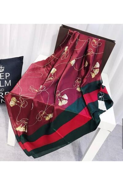 QUEEN AKSESUAR Women's Burgundy Chain Tassel Patterned Shiny Silk Scarf