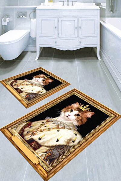 Resmiro Çerçeve Detaylı Kedi Tasarımlı 2li Banyo Paspası