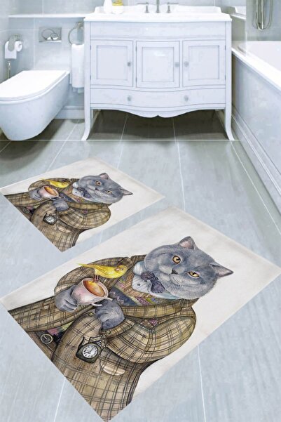 Resmiro Patron Kedi Desenli 2li Banyo Paspası