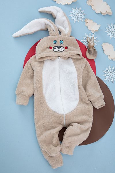 ALYAKİDS Unisex Kids Beige Welsoft Rabbit Ear Winter Jumpsuit