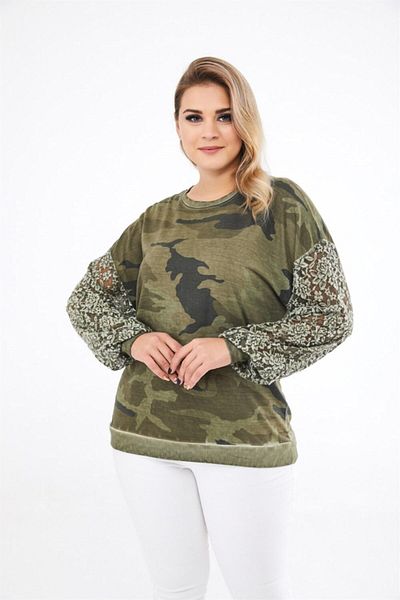 Seamoda Women's Khaki Camouflage Pattern Sleeve Lace Plus Size Sweatshirt