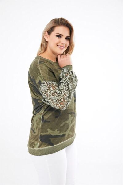 Seamoda Women's Khaki Camouflage Pattern Sleeve Lace Plus Size Sweatshirt