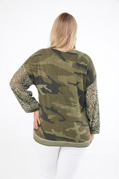 Seamoda Women's Khaki Camouflage Pattern Sleeve Lace Plus Size Sweatshirt