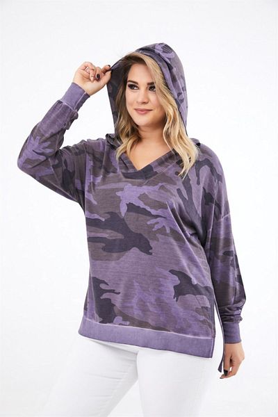 Seamoda Hanorac de damă violet deschis cu model de camuflaj de mărime mare, cu plăcuță la guler și fante