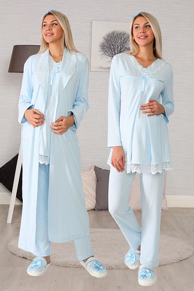 lohusahamile 4034 Blue Long Maternity Pajamas Set with Hidden Breastfeeding Feature