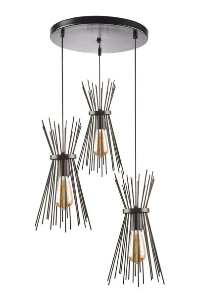 Rys Tasarım Rys Retro Metal 3 Lü Siyah Rustik Dekoratif Kirpi Sarkıt Avize