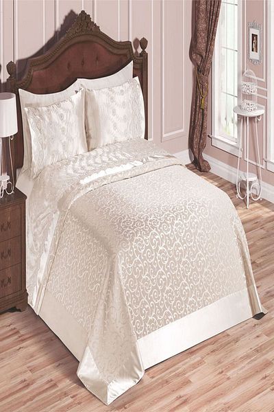 BELLOO HOME طقم بيكيه دانتيل فرنسي مزدوج كريمي سبرينج