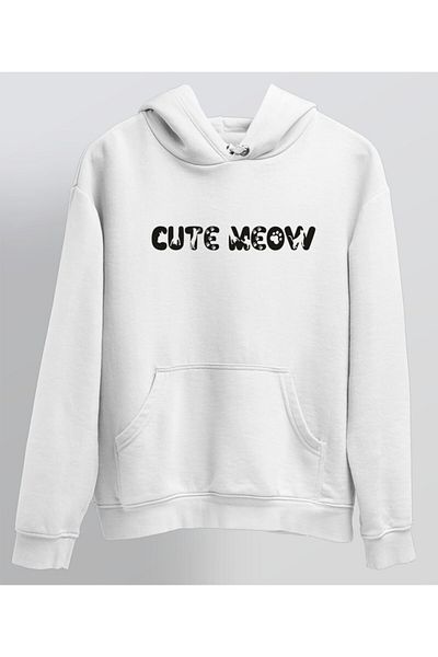 venüsdijital Φούτερ με κουκούλα Unisex White Cute Meow με στάμπα