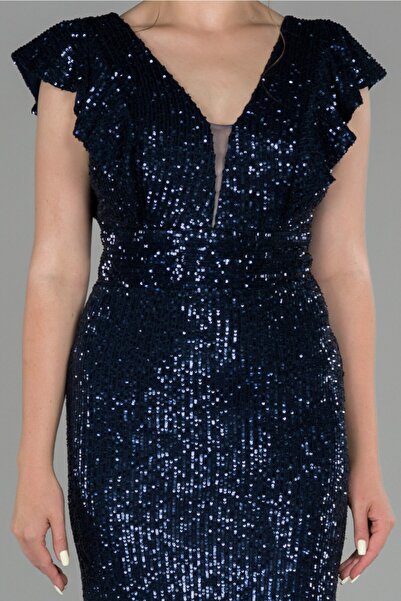 Abiyefon Kadın Lacivert Uzun Pul Payetli Balık Abiye Elbise