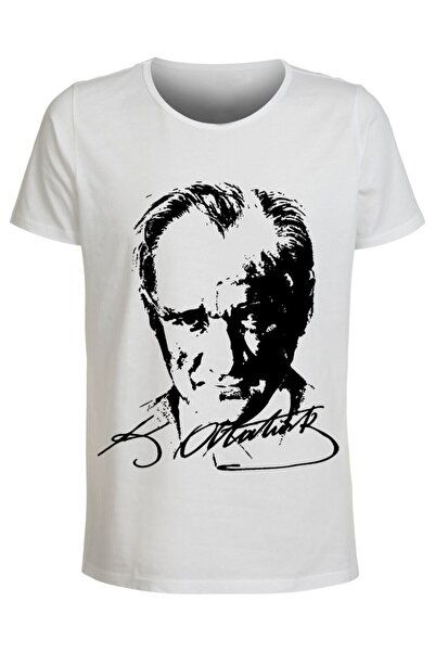 Genel Markalar Mustafa Kemal Atatürk Resim ve İmzalı Unisex Beyaz Tişört