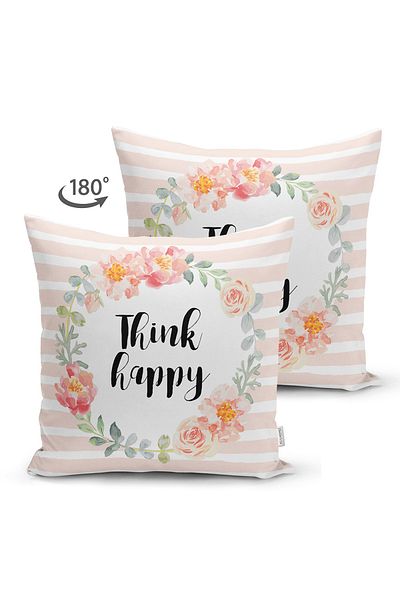 Realhomes Double Sided Flower Motif Think Happy Digital Printed Suede Pillow Throw Pillow Cover