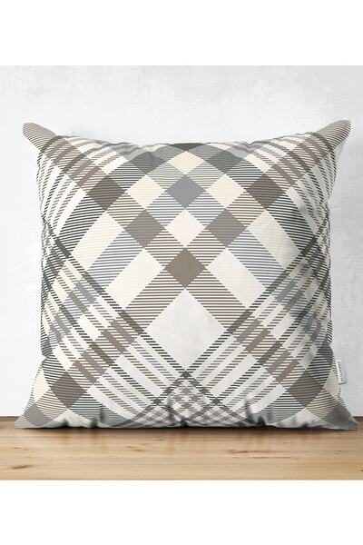 Realhomes Gri Krem Ekose Desenli Dijital Baskılı Dekoratif Yastık Kırlent Kılıfı