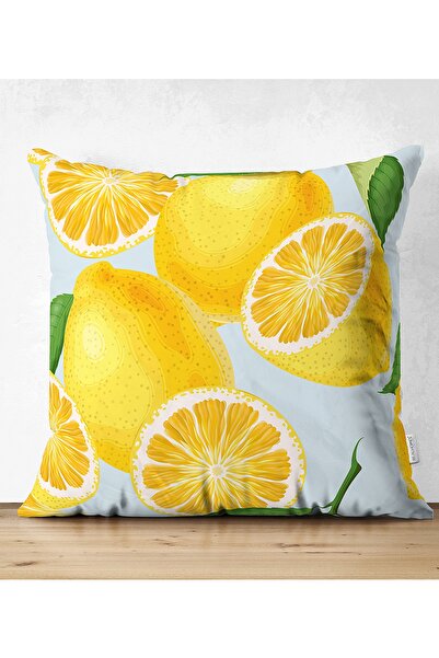 Realhomes Çift Taraflı Mavi Zeminli Limon Desenli Dekoratif Süet Yastık Kırle...