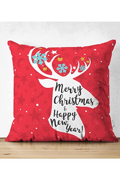 Realhomes Çift Taraflı Merry Christmas Geyik Desenli Dekoratif Süet Yastık Kı...