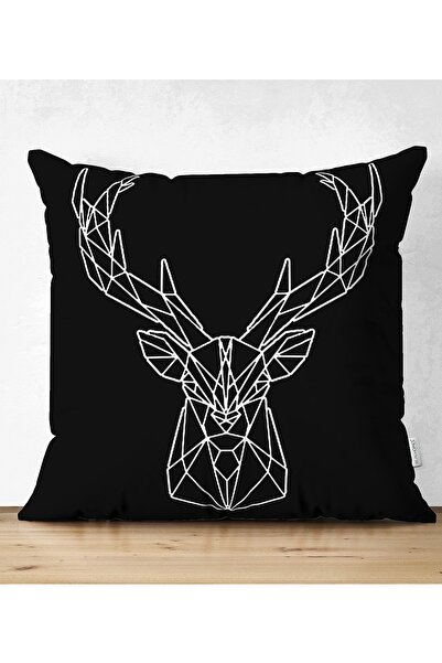 Realhomes Siyah Zeminli Geometrik Geyik Çizimli Modern Dikdörtgen Yastık Kırl...